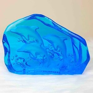 Engraved Dolphin Art Glass Sculpture Blue Decor - 3 Pounds!